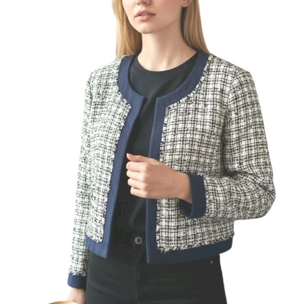 Karl Lagerfeld Paris Tweed Jacket XL Blue Black‎ White Fringe Trim Professional